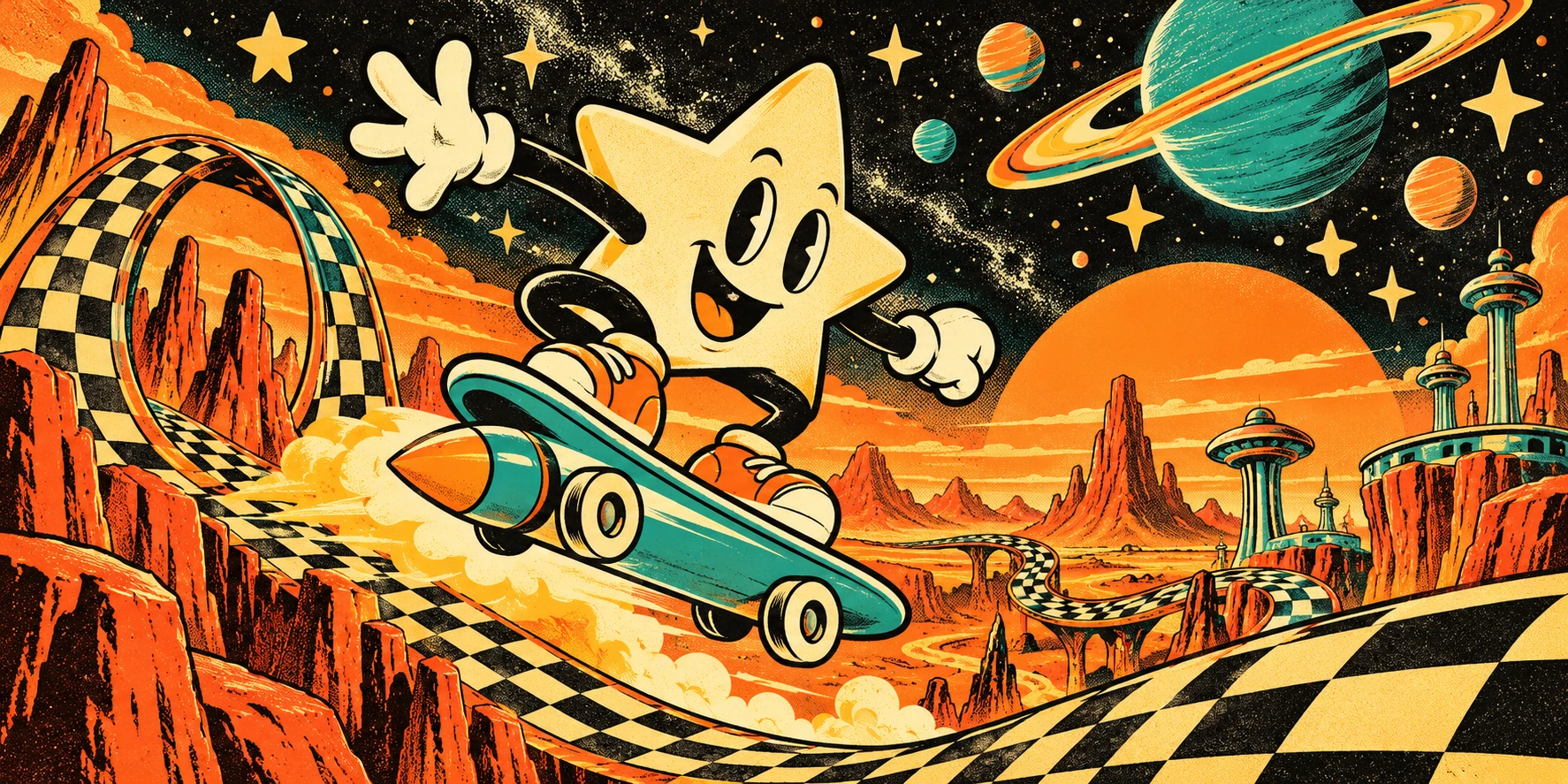 Retro illustration of a smiling star riding a rocket skateboard through a cosmic world